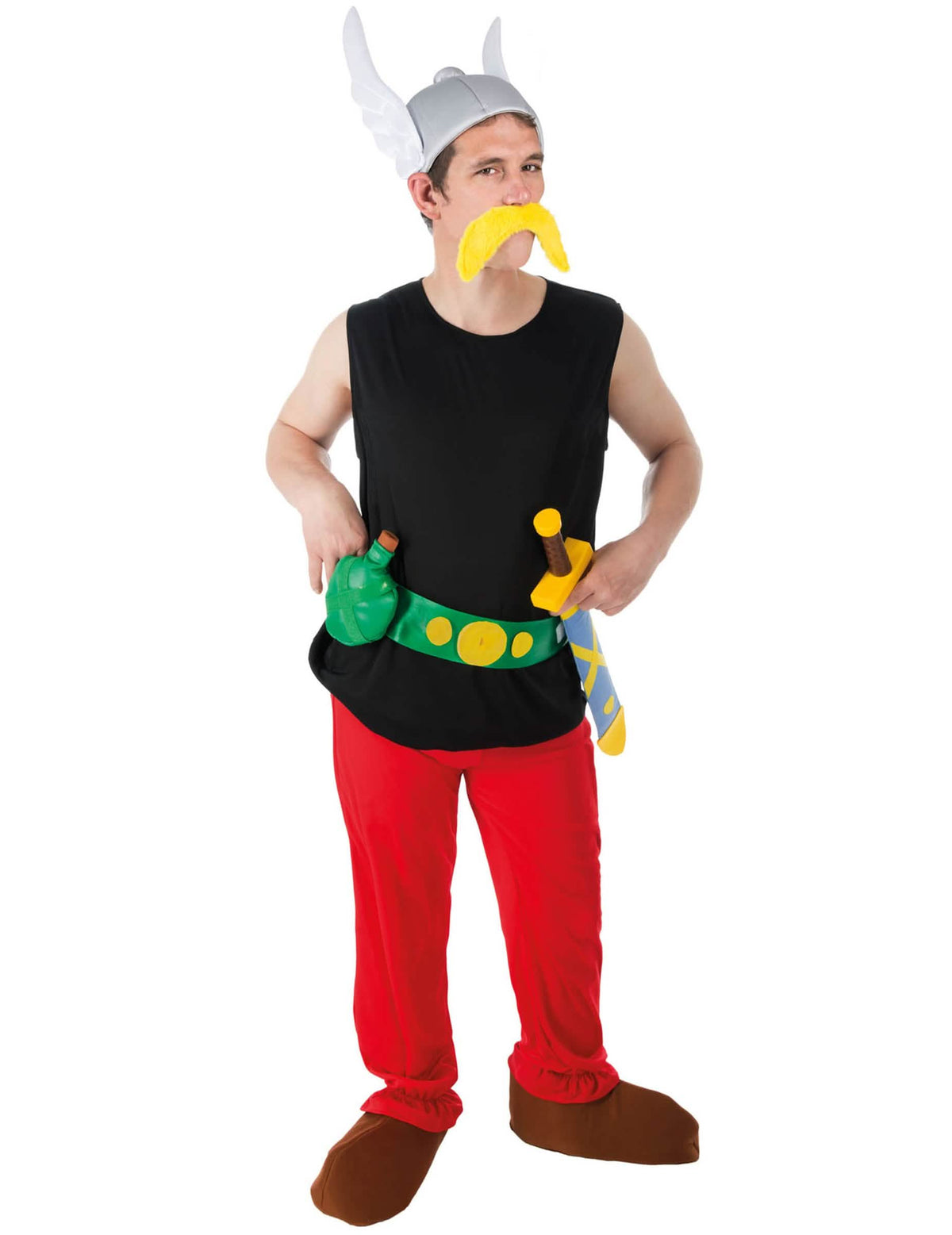 Costum Asterix pentru adult negru și roșu cu cască înaripată și mustață galbenă