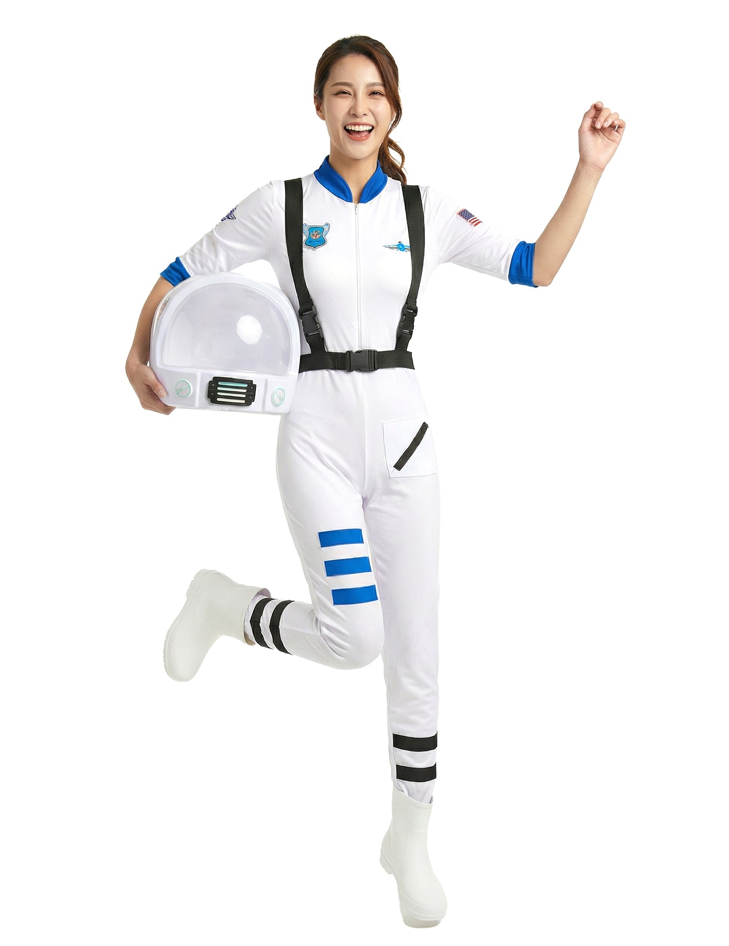 Vedere de ansamblu cu casca în mână a costumului de astronaut