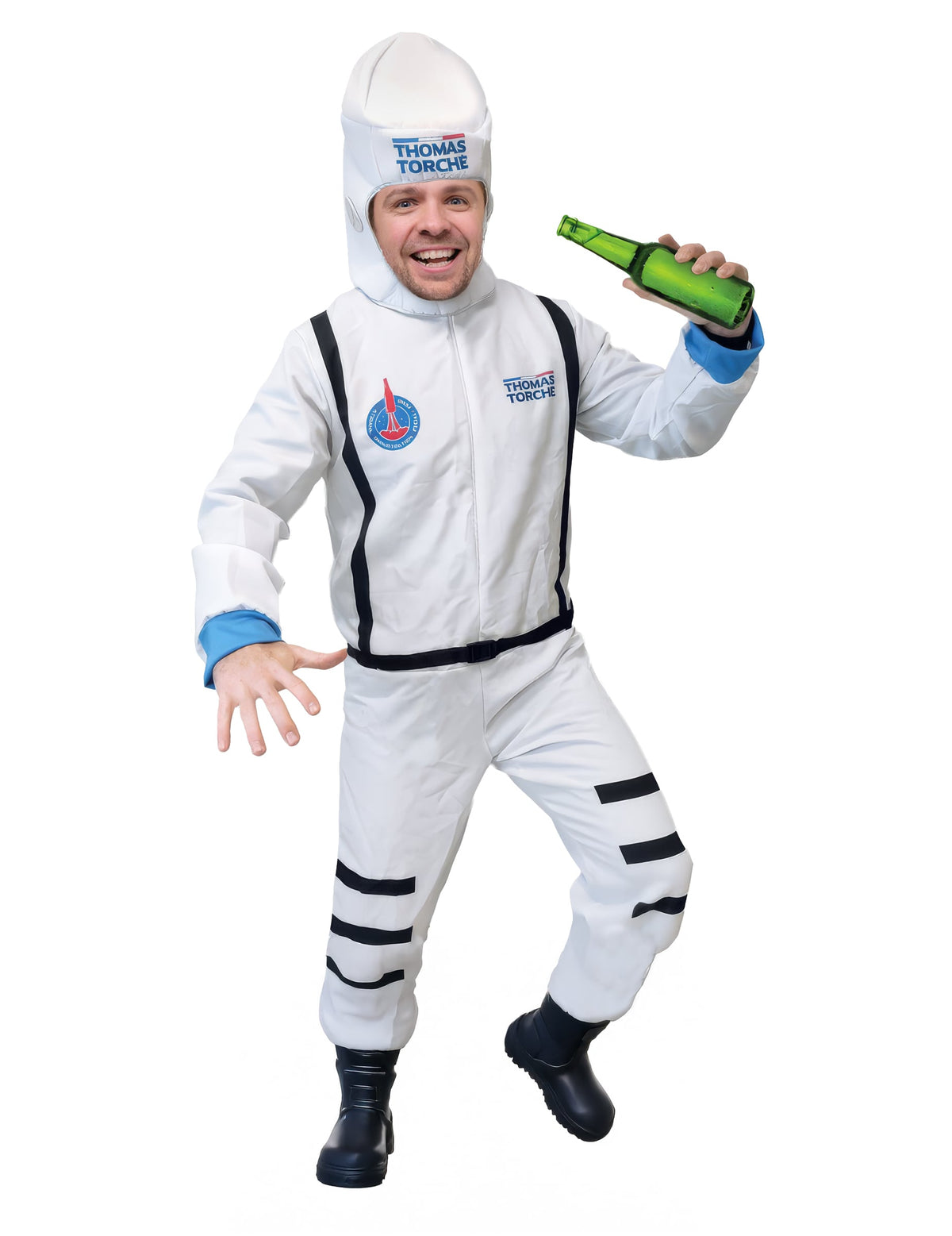 Déguisement Astronaute Thomas Torché pour homme blanc avec logo et liserés bleus