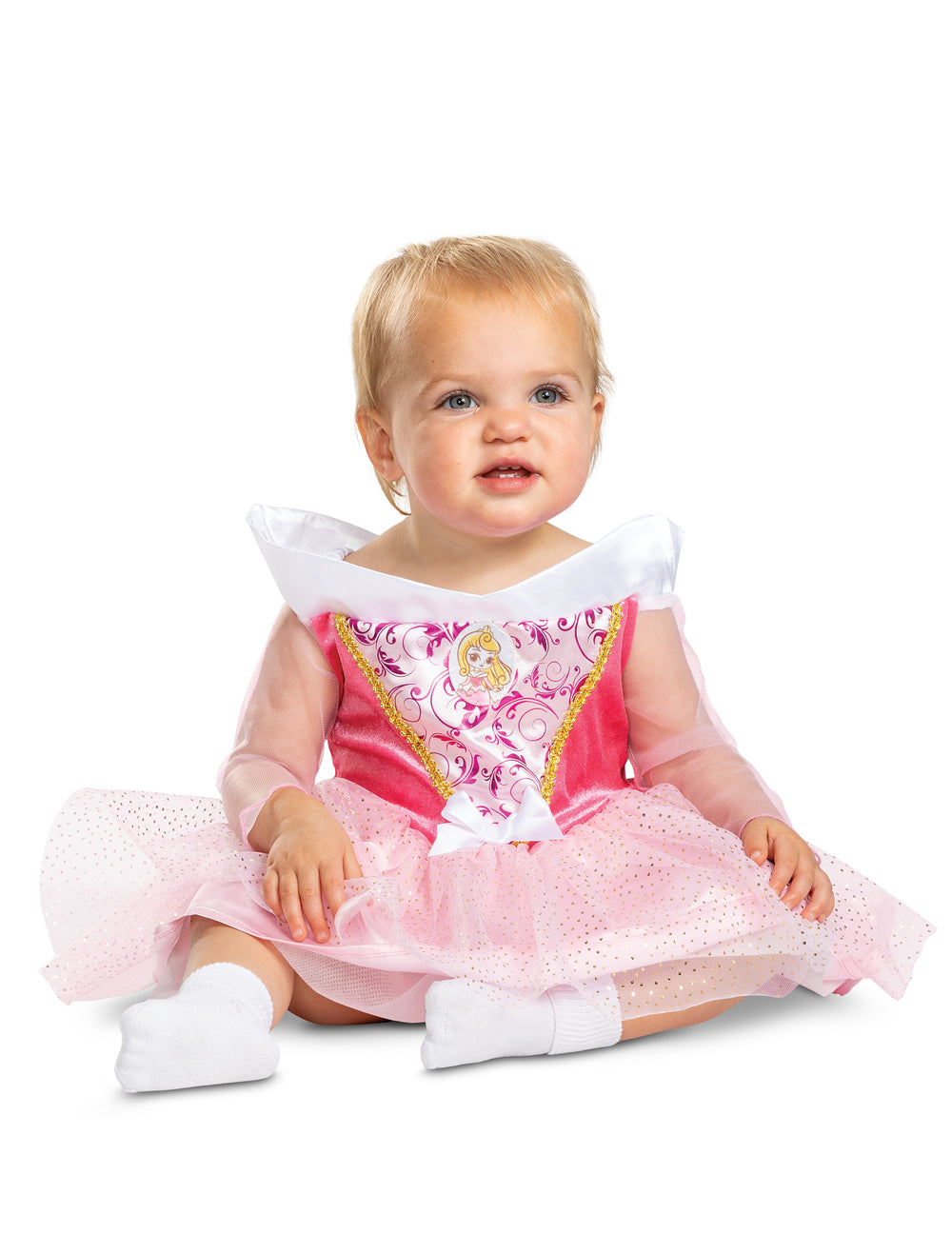 Déguisement Aurore La belle au bois dormant pour fille rose et blanc avec jupon scintillant