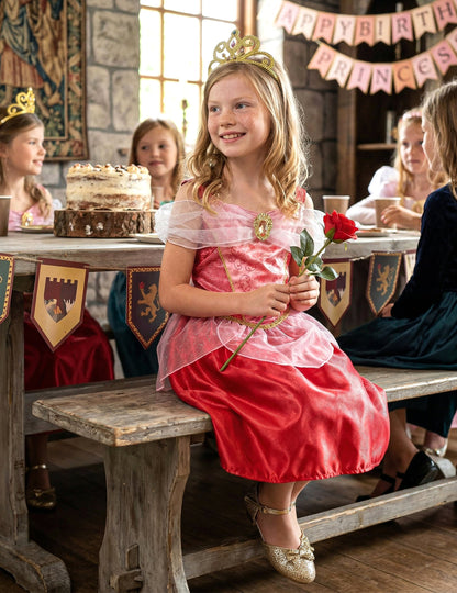 Mise en situation lors d'un anniversaire du déguisement Aurore La Belle au bois dormant pour fille