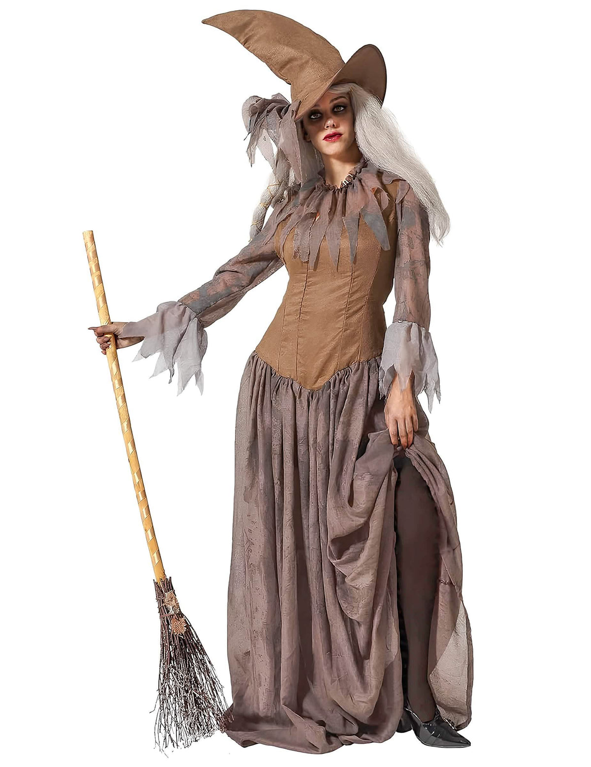 Costume cu pălărie de vrăjitoare pentru femeie maro cu mătură