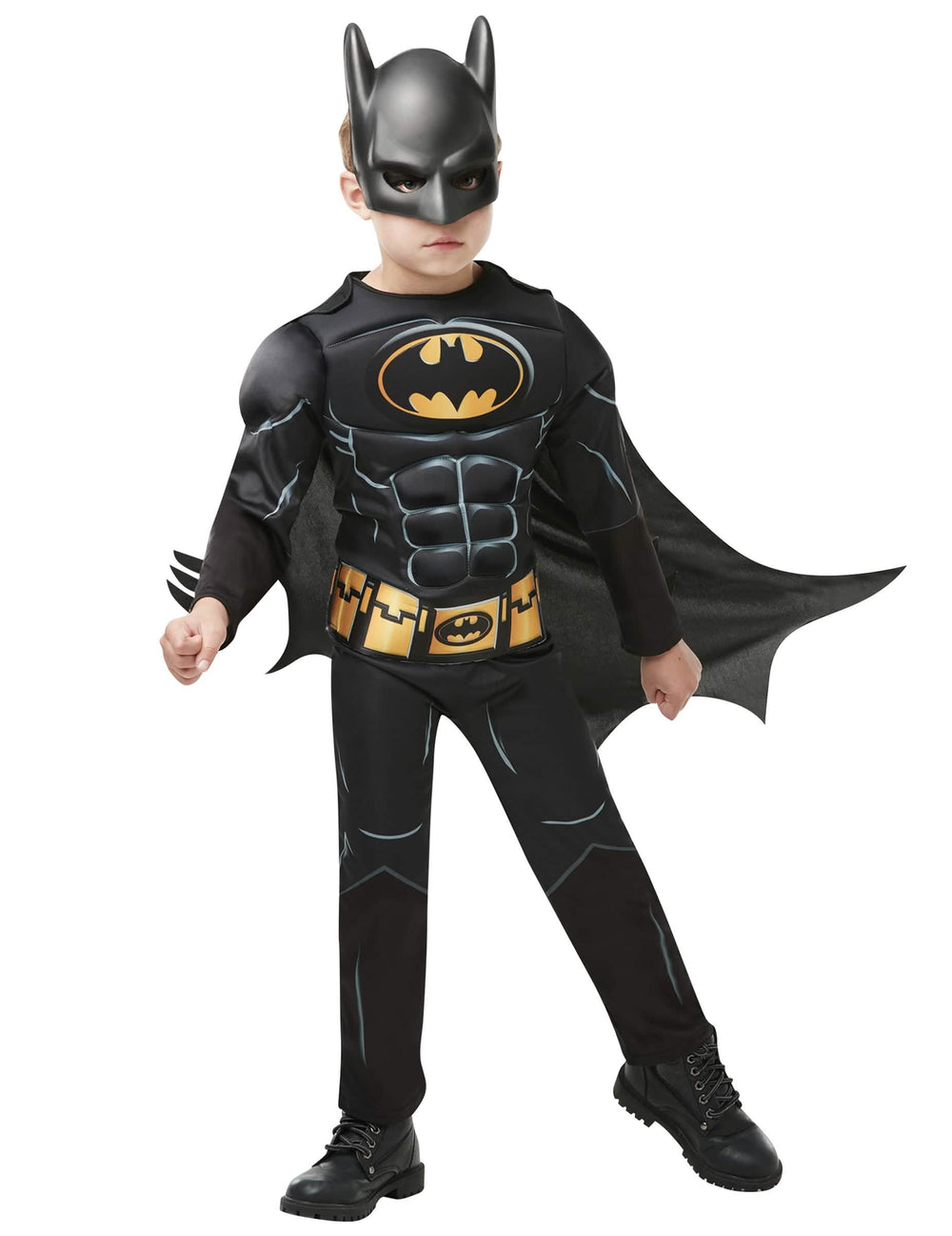 Costum cu mască Batman de lux pentru băiat negru cu tors musculos și curea galbenă