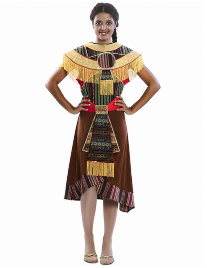 Déguisement Aztèque pour femme marron avec motifs et franges dorées