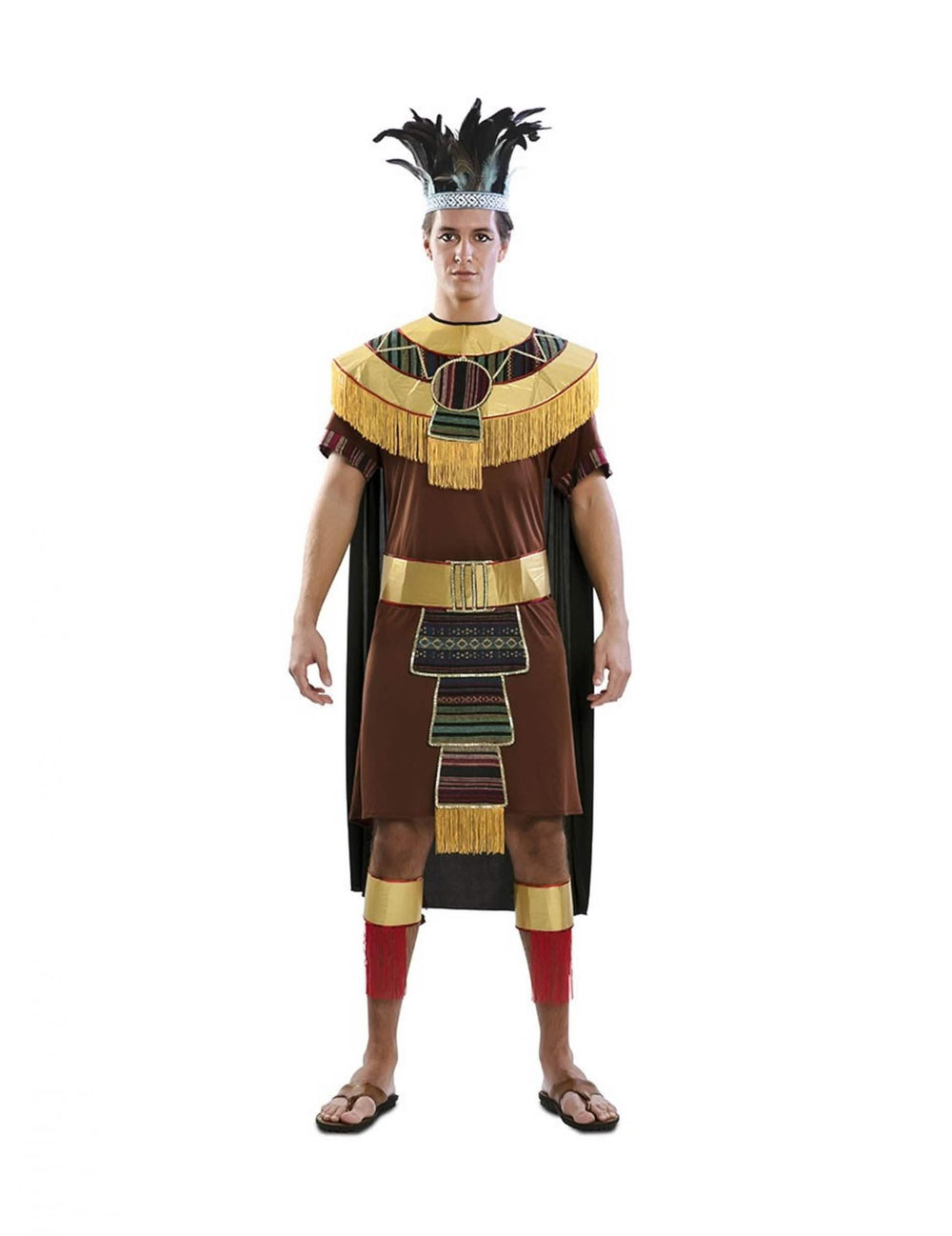 Costum aztec pentru bărbat maro și auriu cu coafură cu pene