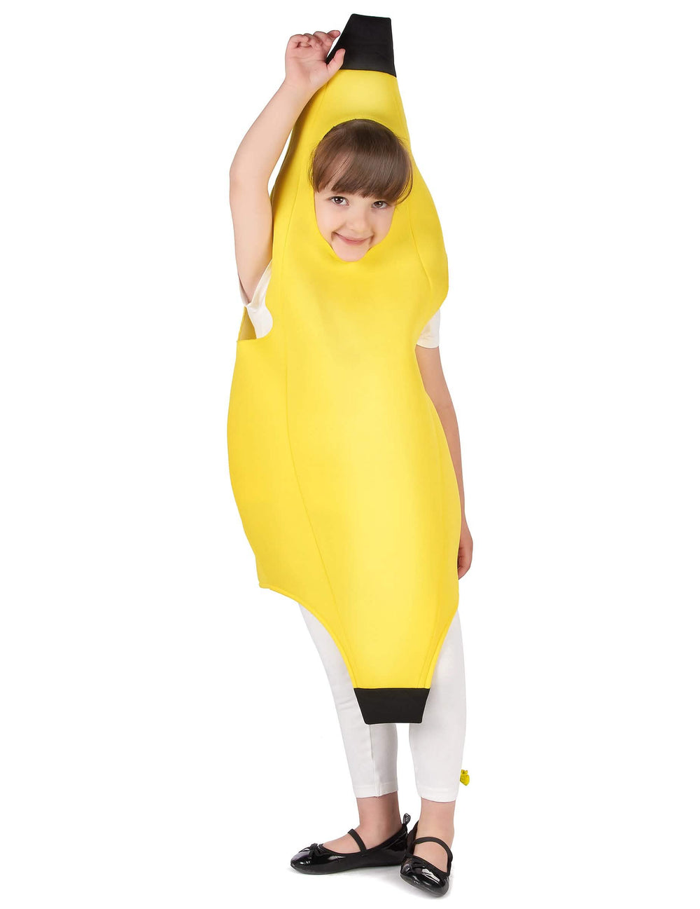 Vedere din față cu brațul ridicat a costumului banană pentru copil