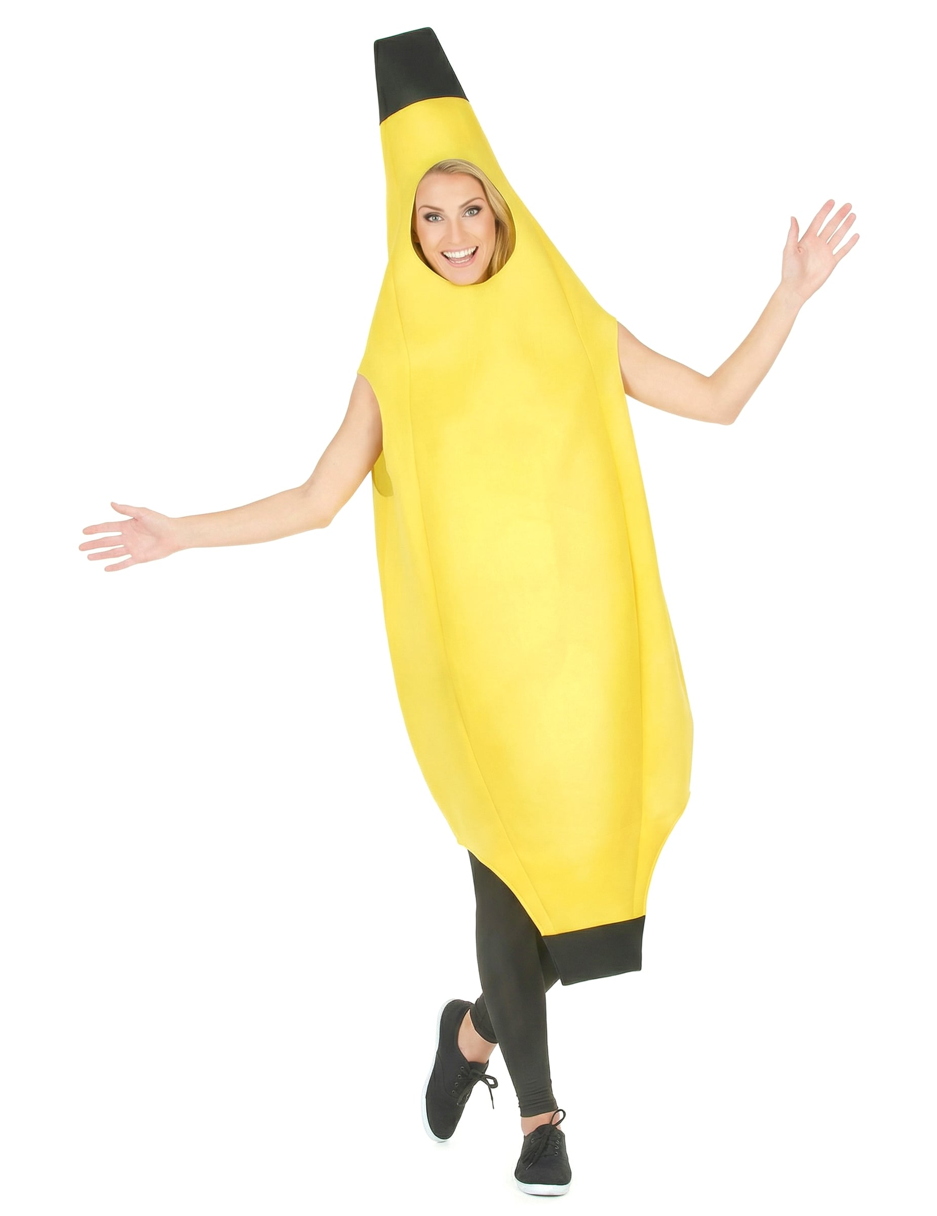 Pose avec bras ouverts du déguisement banane humoristique pour adulte