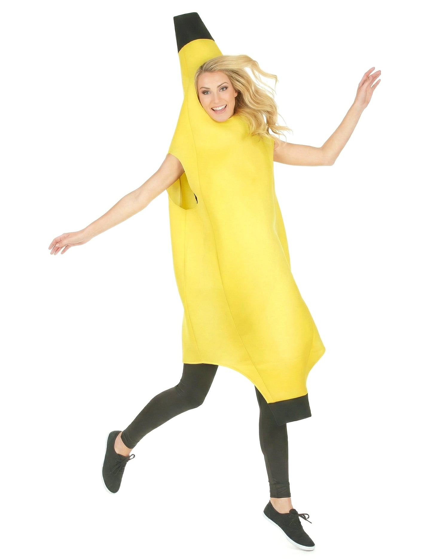 Pose dynamique du déguisement banane humoristique pour adulte