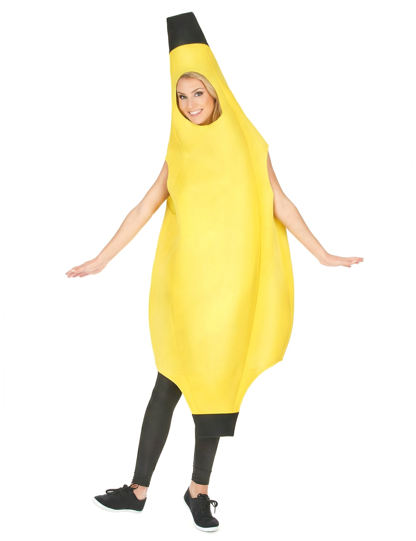 Vue de face du déguisement banane humoristique pour adulte