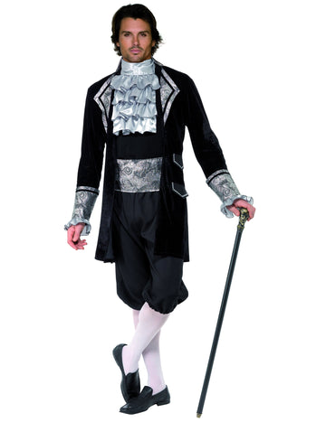 Déguisement baroque pour homme argenté et noir avec jabot