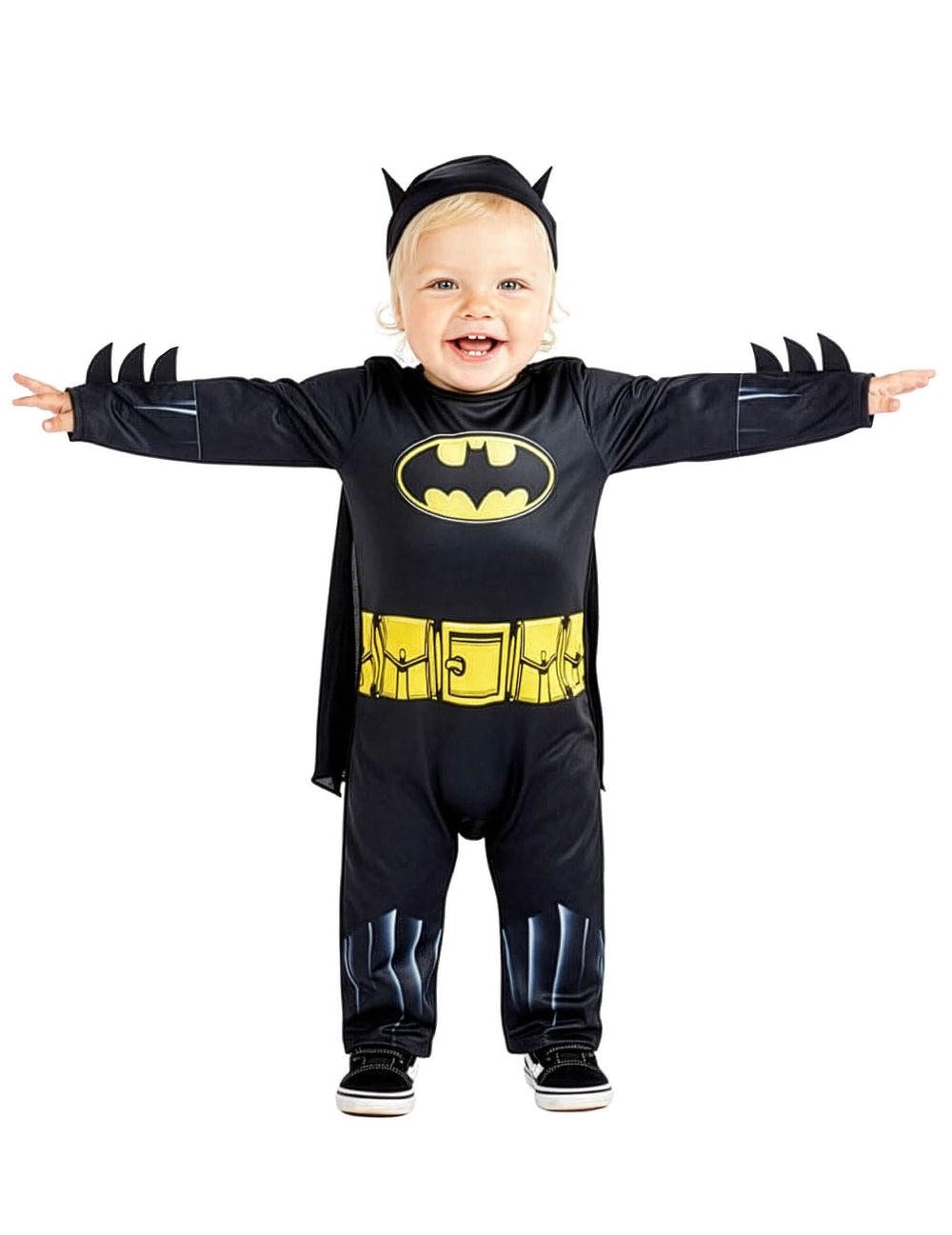 Vue de face avec bras écartés du déguisement Batman™ pour bébé