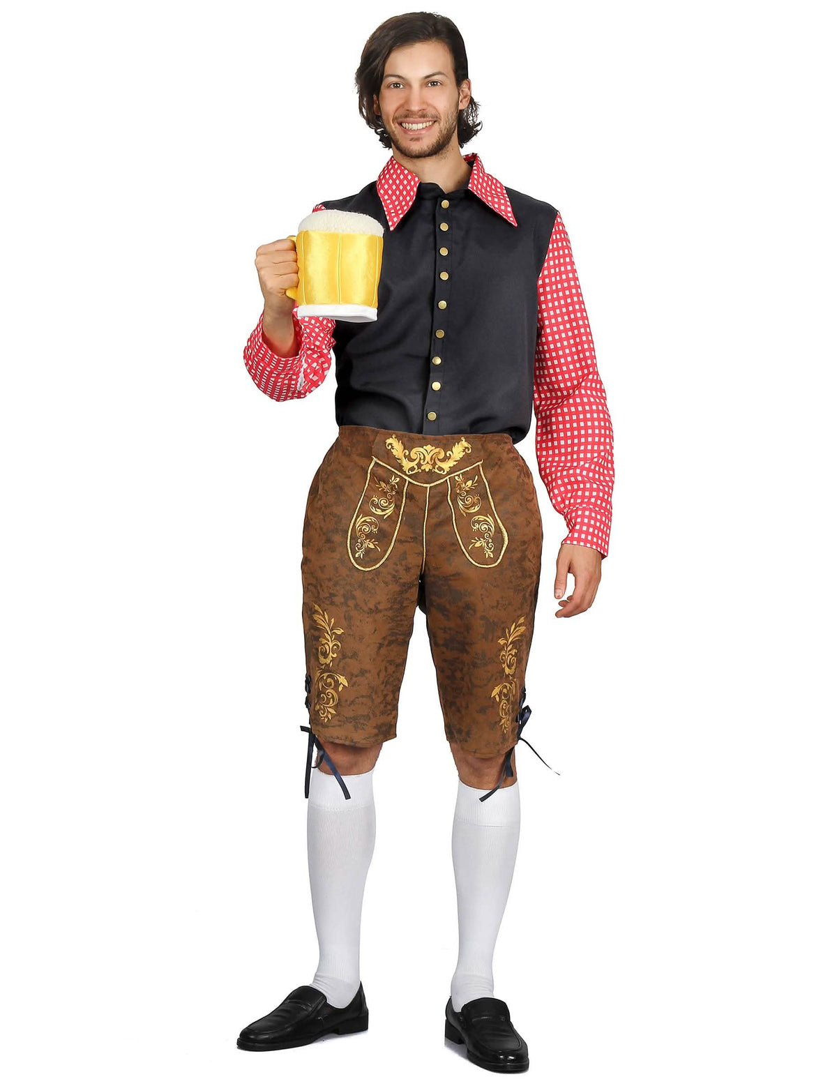 Costum bavarez în carouri pentru bărbat maro și roșu