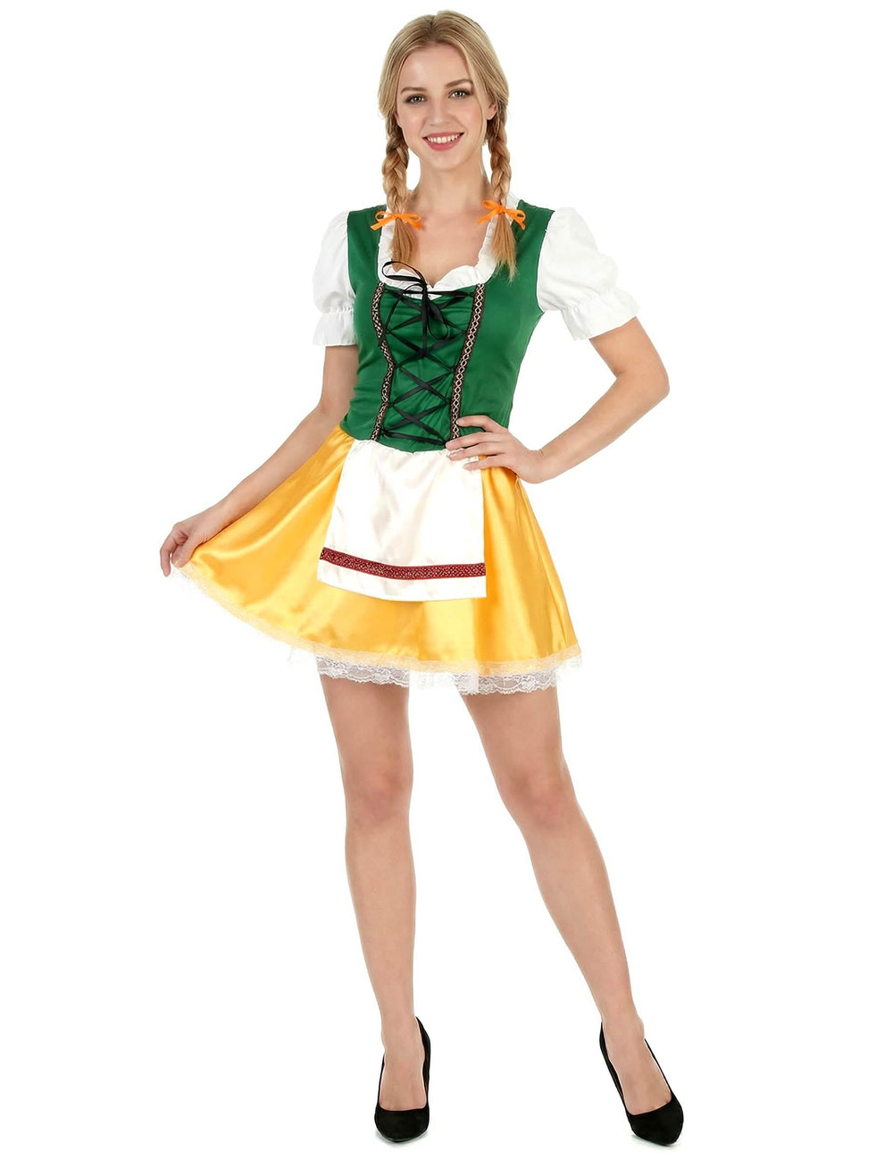 Costum bavareză pentru femeie galben și verde cu șorț alb