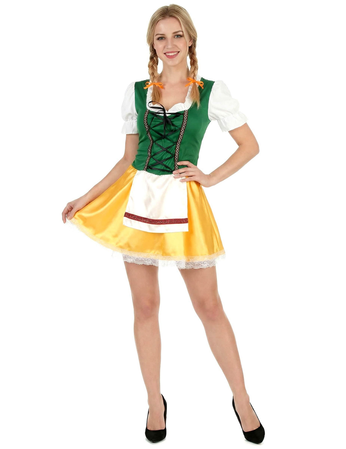 Costum bavareză pentru femeie galben și verde cu șorț alb