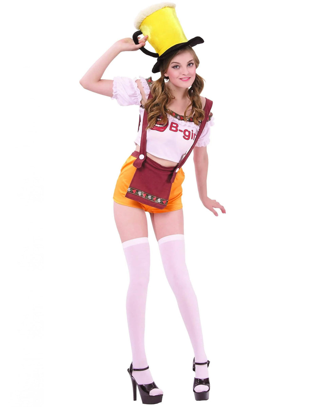 Costum bavarez short sexy pentru femeie alb și portocaliu cu pălărie și halbă de bere