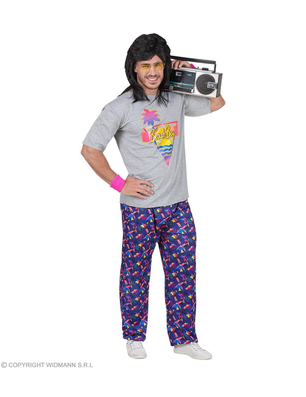 Vedere din față cu radio-casetofon pe umărul costumului beach boy anii '80 pentru bărbat