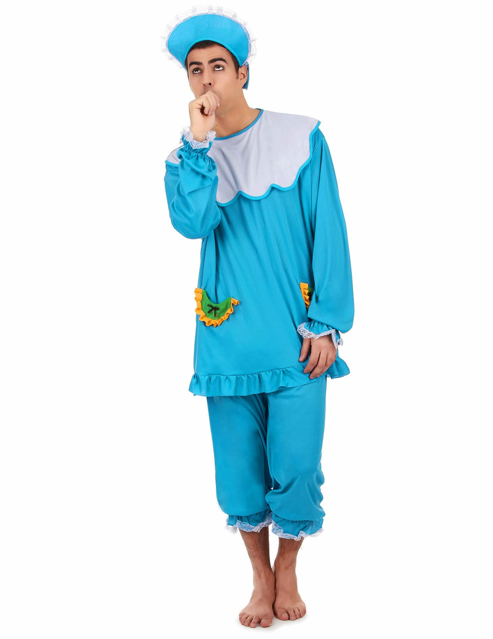 Déguisement de bébé pour homme bleu avec bonnet et col blanc