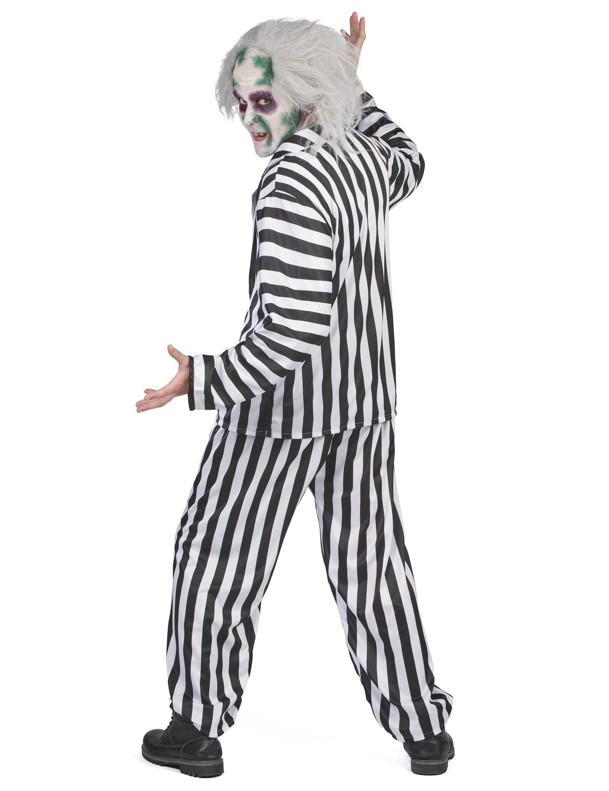 Vedere din trei sferturi din spate a costumului Beetlejuice pentru bărbat