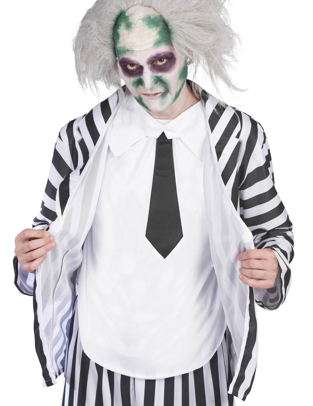Detaliu al sacoului și al cravatei costumului Beetlejuice pentru bărbat