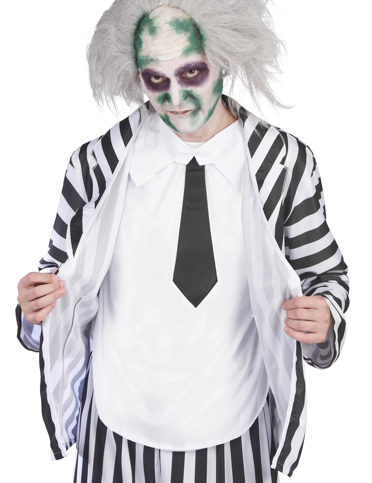 Detaliu al sacoului și al cravatei costumului Beetlejuice pentru bărbat