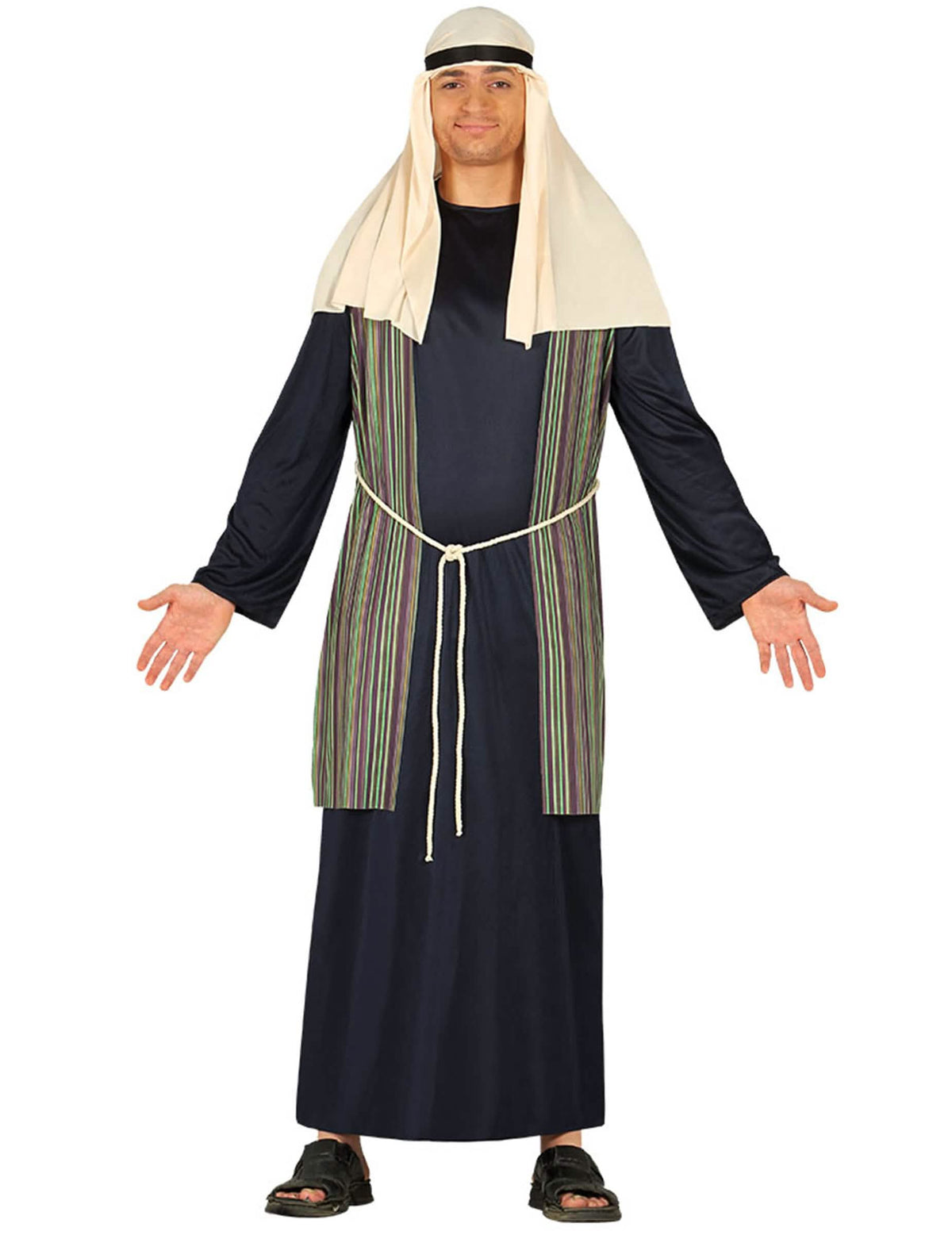 Déguisement de berger pour homme bleu avec gilet à rayures et coiffe