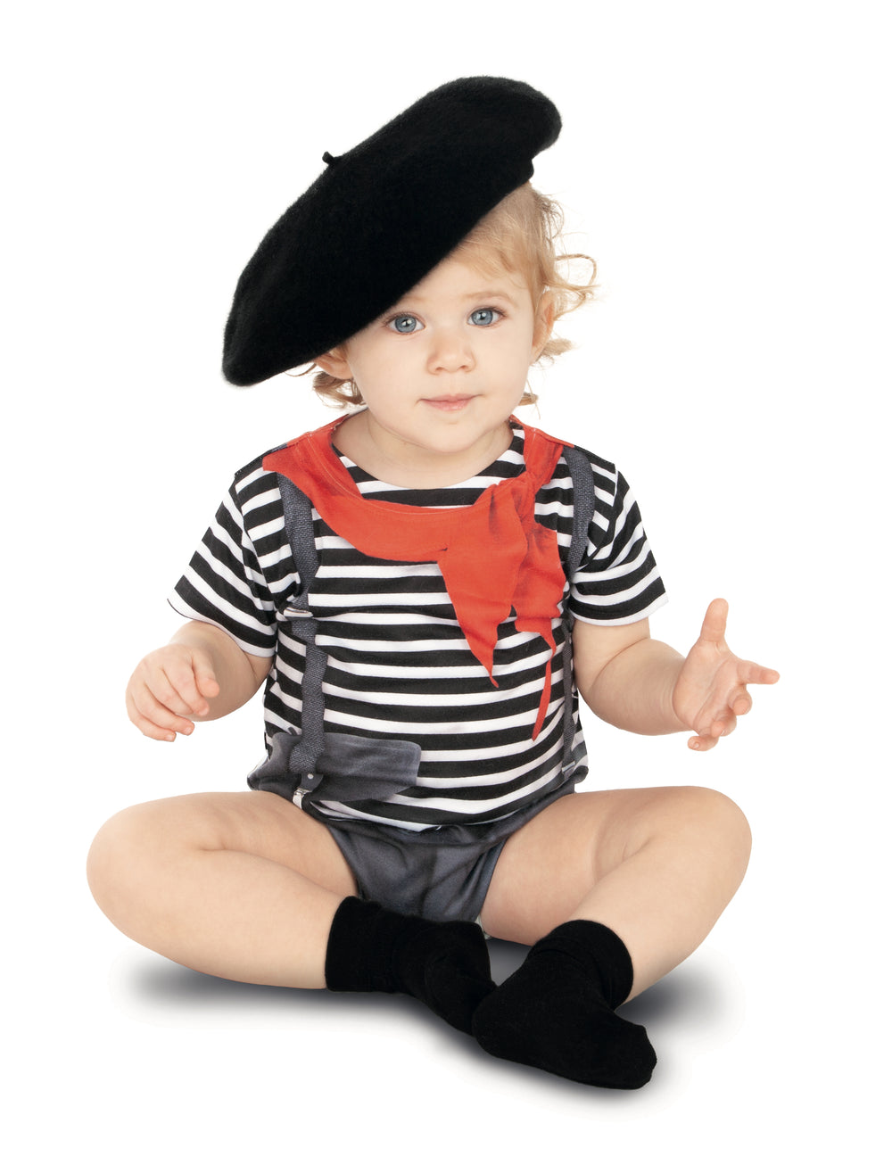 Déguisement body mime pour bébé rayé noir et blanc avec béret et foulard rouge