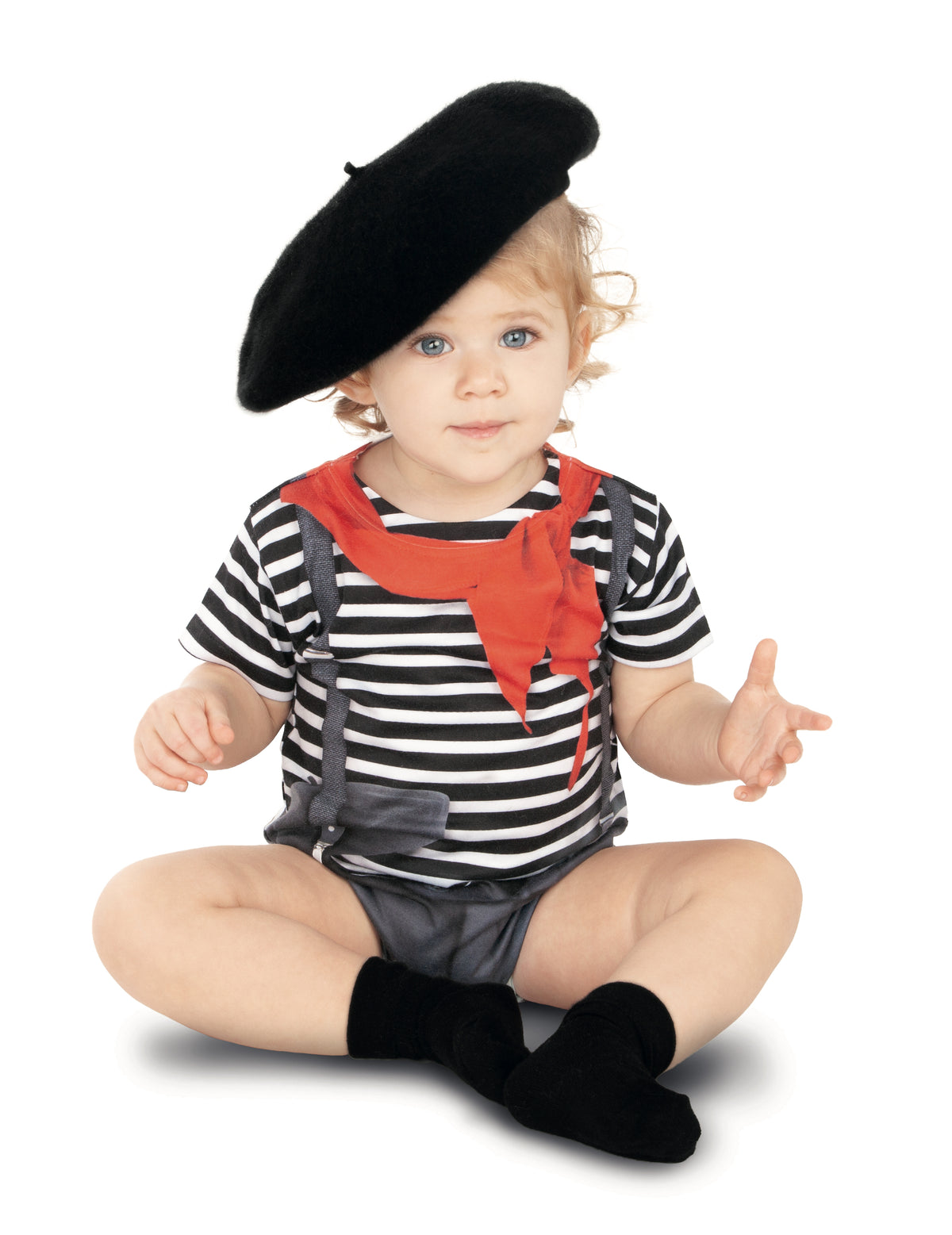 Déguisement body mime pour bébé rayé noir et blanc avec béret et foulard rouge