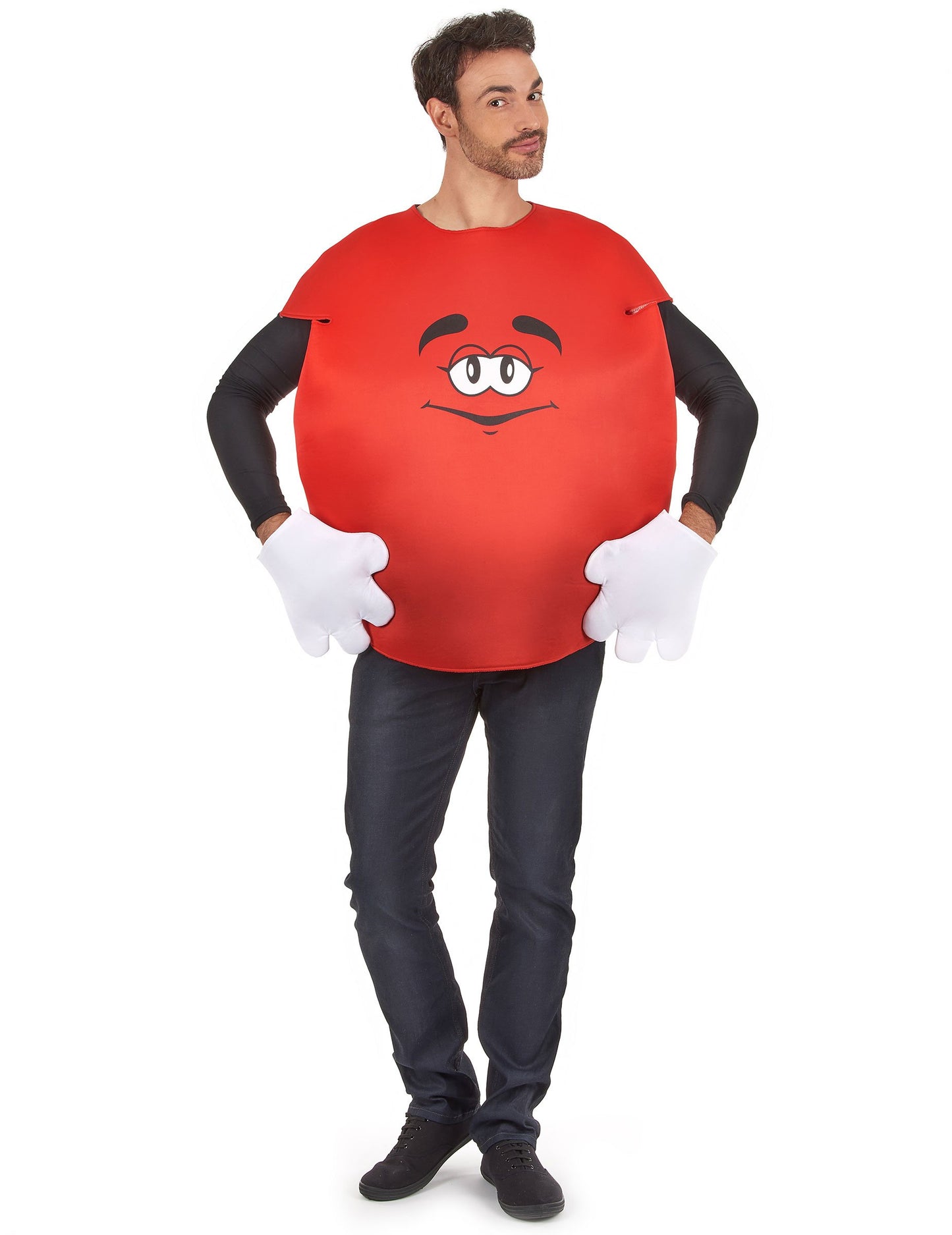 Déguisement bonbon pour adulte rouge avec visage et gants blancs