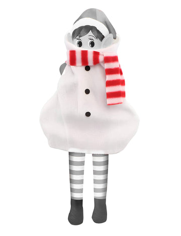Déguisement bonhomme de neige pour poupée lutin farceur blanc avec écharpe rouge et blanche