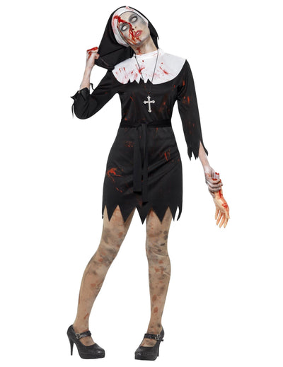 Déguisement bonne soeur zombie pour femme noire et ensanglantée