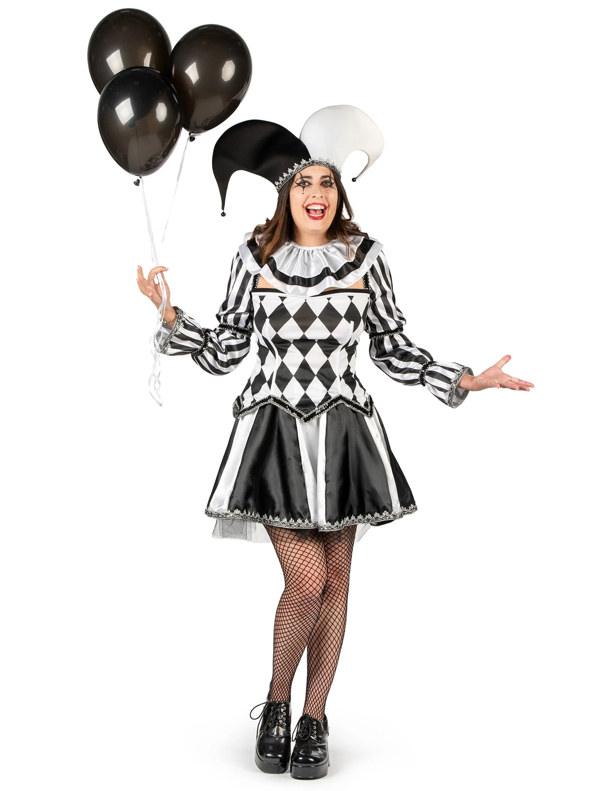 Costum bufón diabolic negru și alb de lux pentru femei 