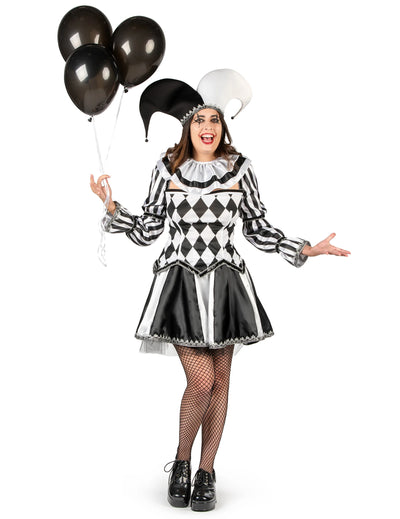 Costum bufón diabolic negru și alb de lux pentru femei 