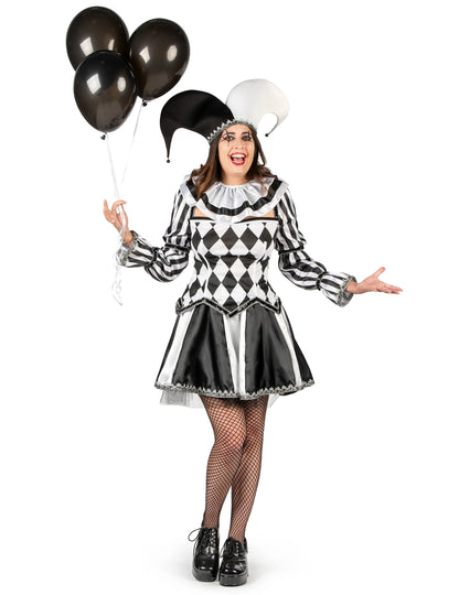 Costum bufón diabolic negru și alb de lux pentru femei 