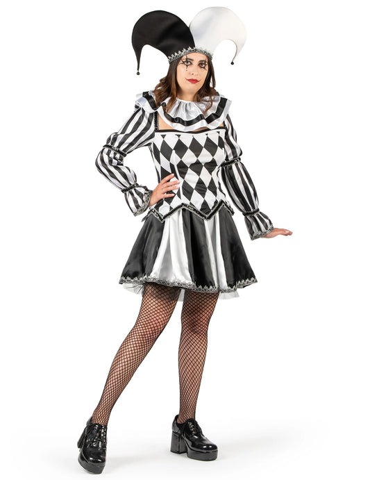 Costum bufón diabolic negru și alb de lux pentru femei 