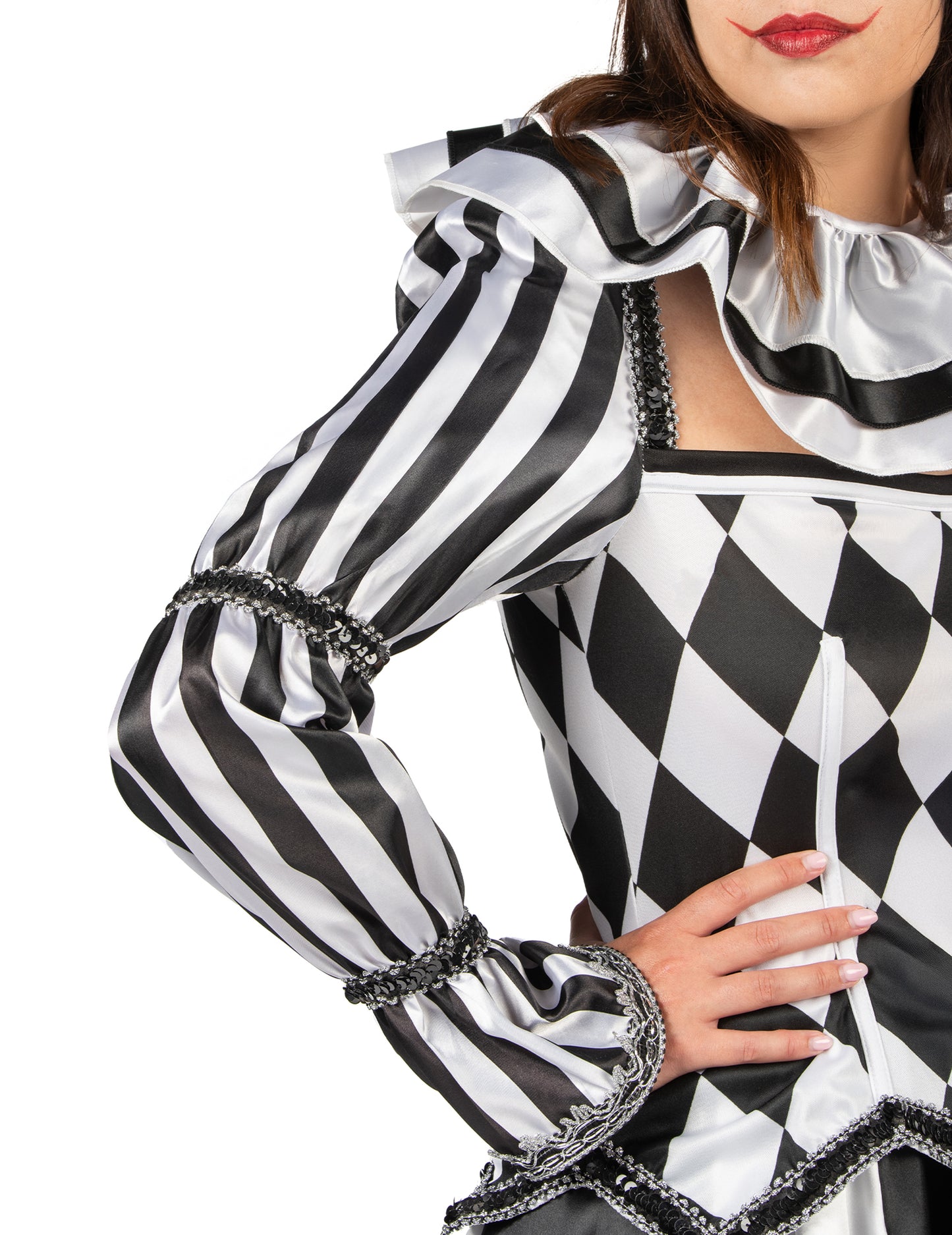 Costum bufón diabolic negru și alb de lux pentru femei 