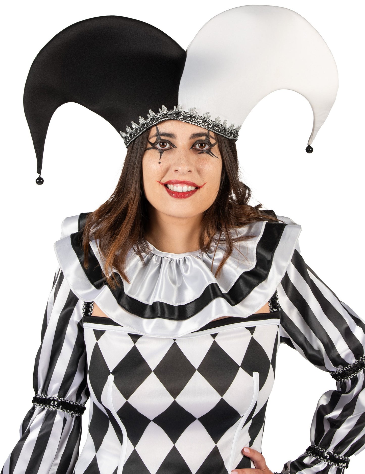 Costum bufón diabolic negru și alb de lux pentru femei 