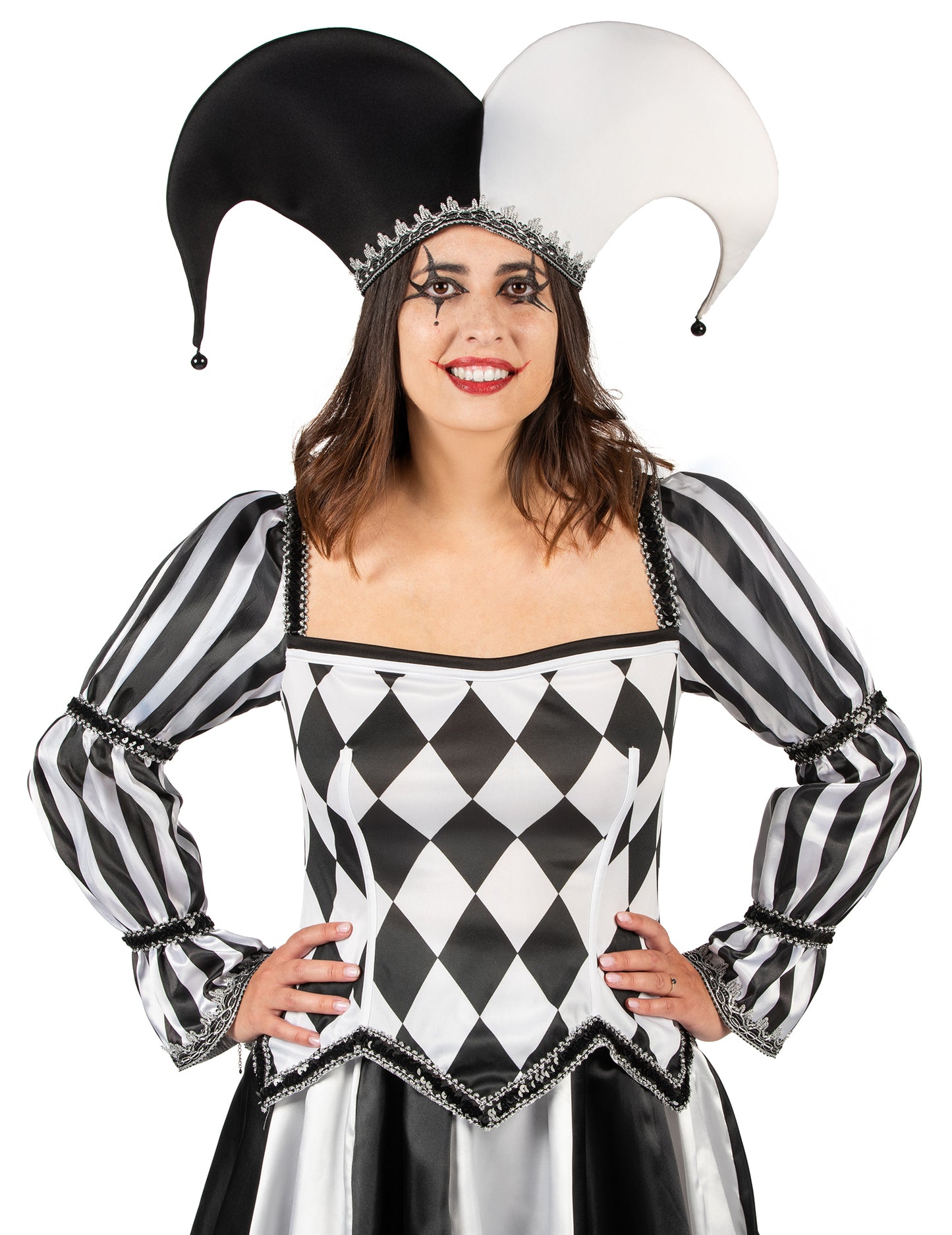 Costum bufón diabolic negru și alb de lux pentru femei 