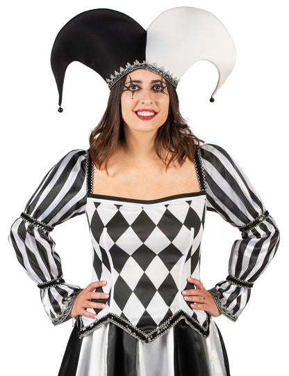 Costum bufón diabolic negru și alb de lux pentru femei 