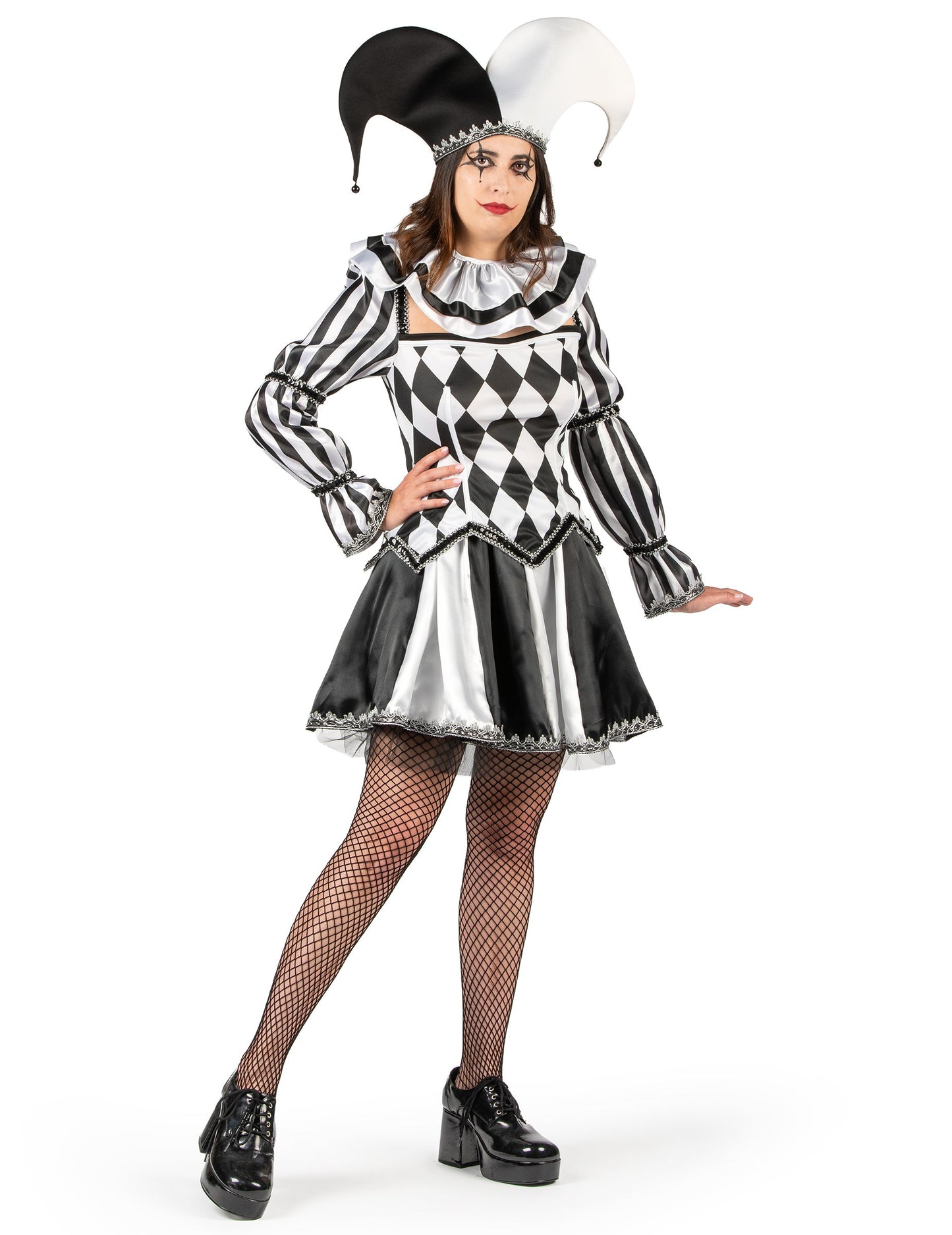 Costum bufón diabolic negru și alb de lux pentru femei 