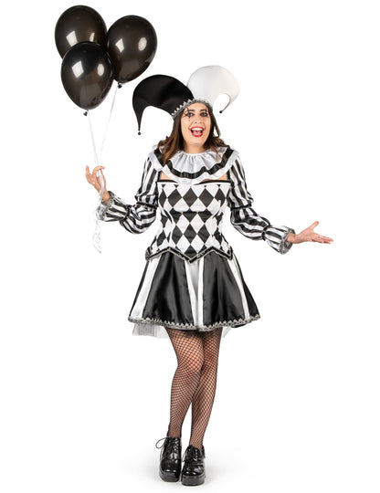 Costum bufón diabolic negru și alb de lux pentru femei 