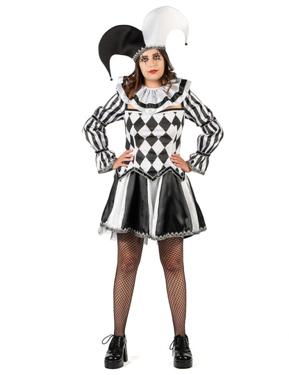 Costum bufón diabolic negru și alb de lux pentru femei 