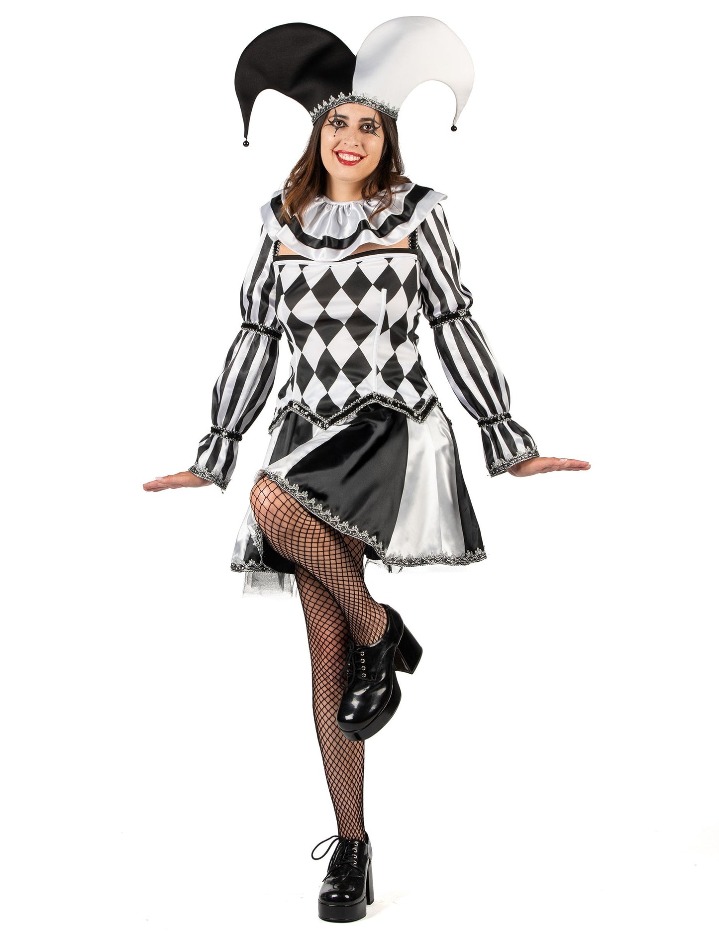 Costum bufón diabolic negru și alb de lux pentru femei 