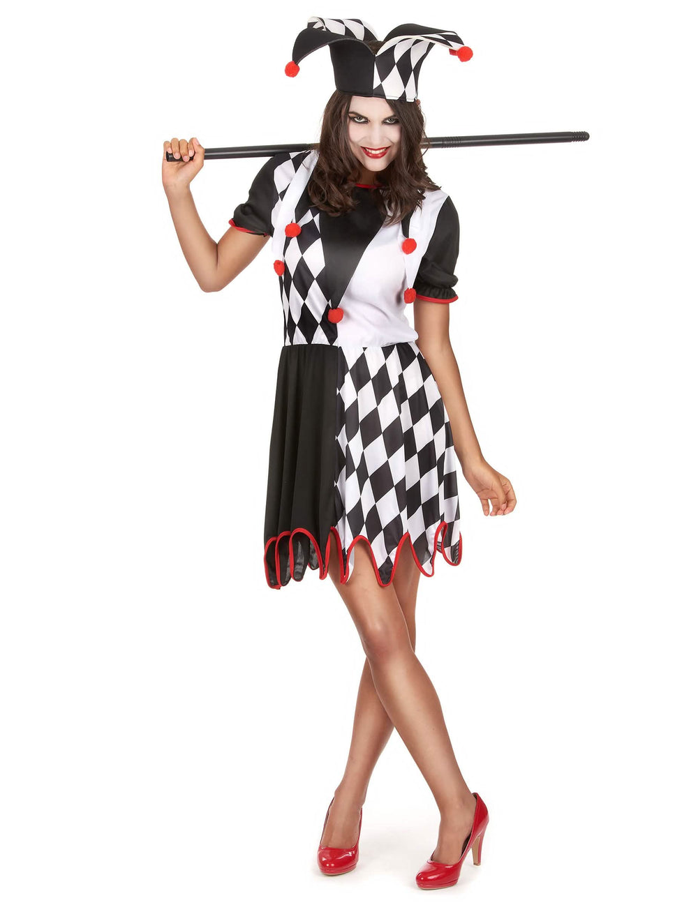 Costum de bufon pentru femeie alb și negru cu romburi și pampoane roșii