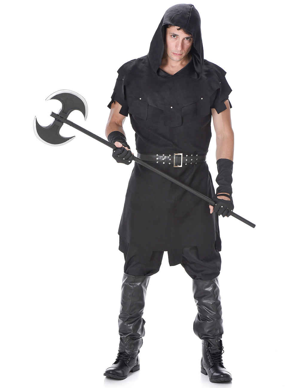 Déguisement de bourreau pour homme noir avec capuche et hache