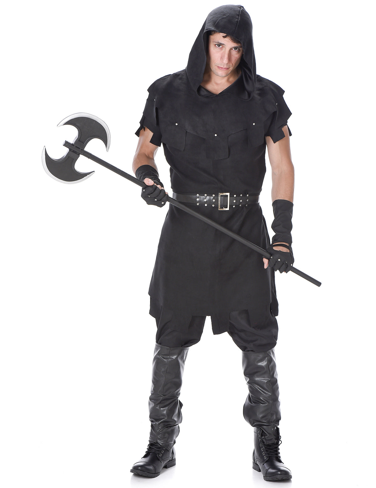 Déguisement de bourreau pour homme noir avec capuche et hache
