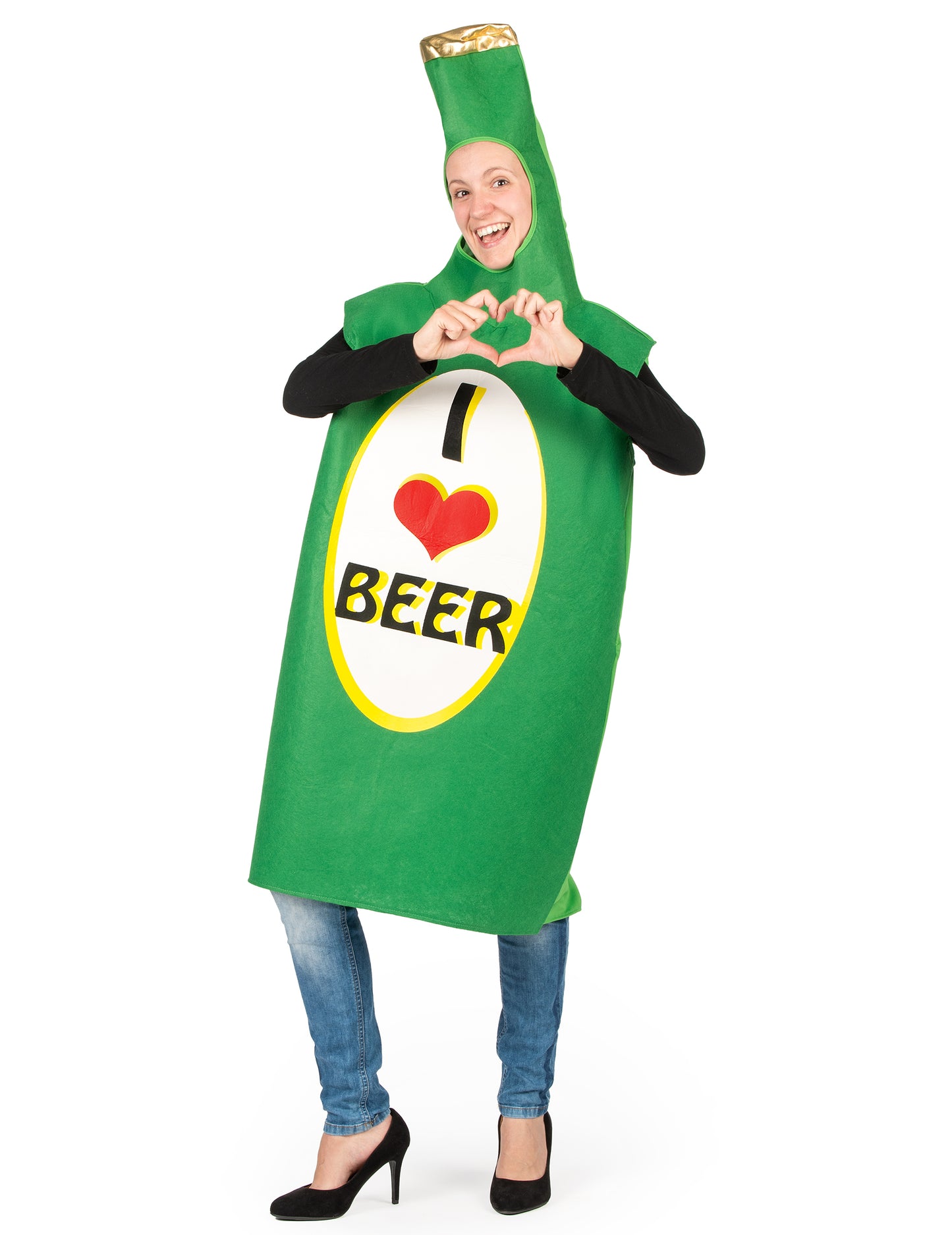 Poză cu mâinile în formă de inimă a costumului sticlă de bere pentru adult