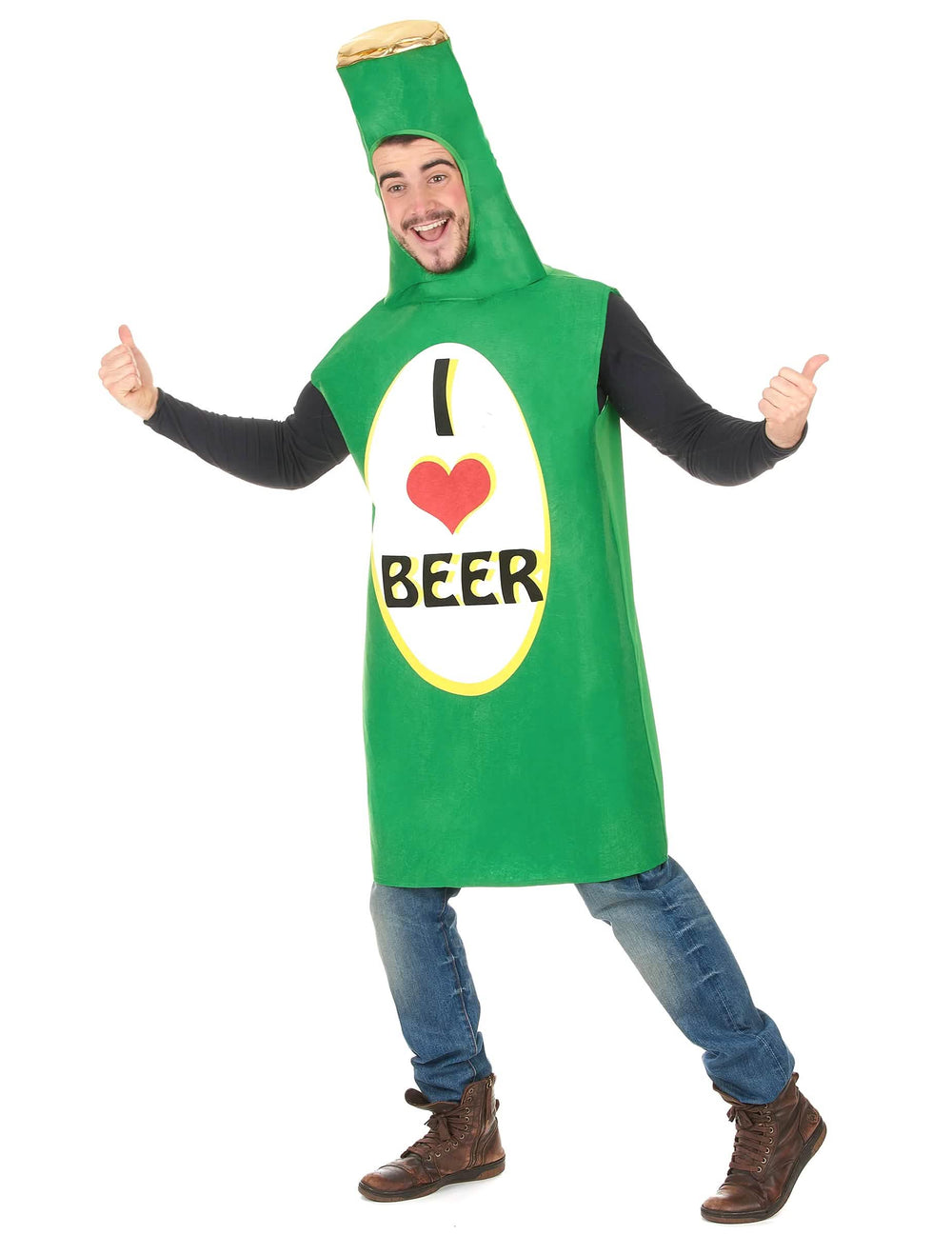 Vedere din față cu degetele mari ridicate a costumului de sticlă de bere pentru adult
