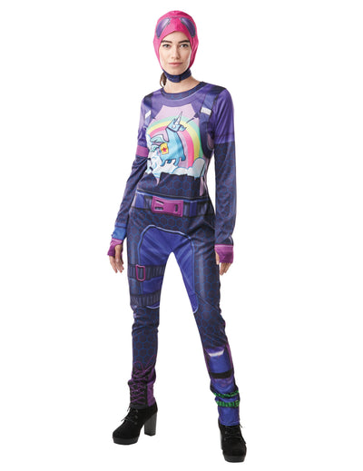 Costum Brite Bomber Fortnite pentru adulți, violet, cu motiv de lamă curcubeu și cagulă roz