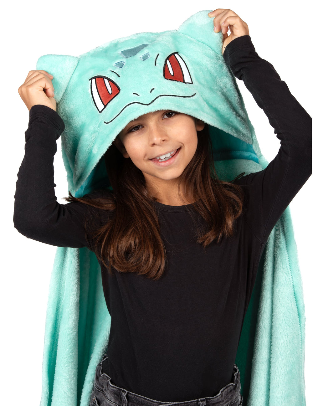 Gros plan sur la capuche du déguisement plaid polaire à capuche Bulbizarre Pokémon