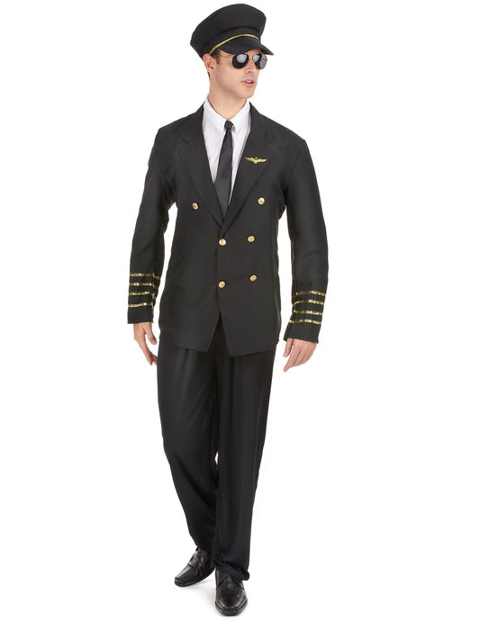Déguisement capitaine pour homme noir avec galons dorés et casquette
